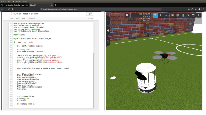 Figura 3 – Un dron programado en el simulador. El estudiante puede comprobar en tiempo real las implicaciones de las modificaciones realizadas en su código.