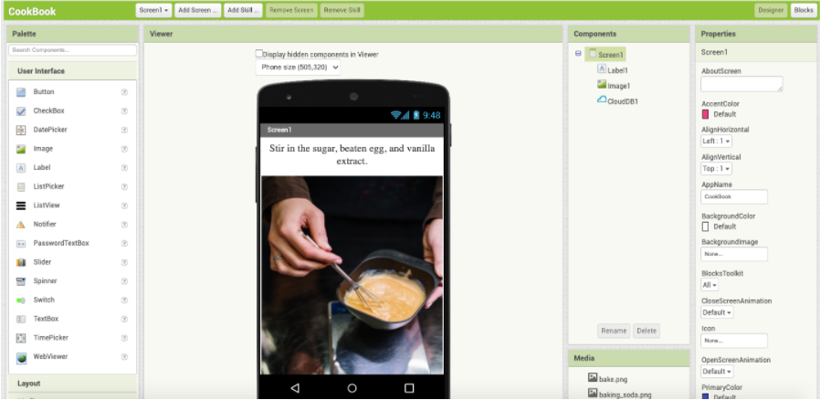 Una captura de una app de cocina inteligente desarrollada con MIT App Inventor. Fuente: https://arxiv.org/abs/2009.05653