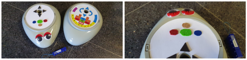 Dos imágenes del robot Roamer. Como la botonera es visual, se colocó un disco con texturas. Además, en la versión “Infantil” se colocaron ojos para destacar la parte delantera.