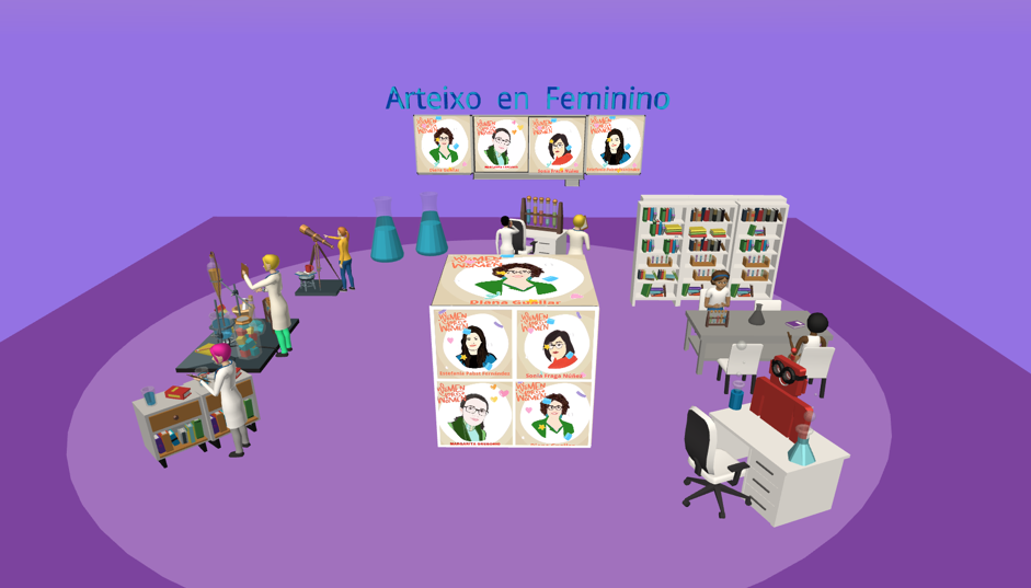 En el centro se ve un cubo con imágenes de mujeres en sus caras. A la derecha una biblioteca con gente estudiando. A la izqueirda varias científicas trabajando