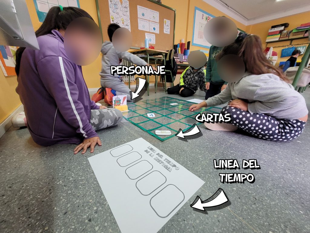 Niños jugando con los distintos elementos: personaje, cartas y línea del tiempo