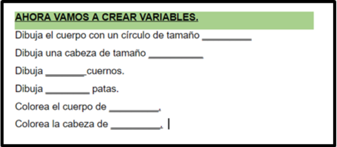 Plantilla de instrucciones en las que se reflejan los pasos a seguir para crear la nueva pintura. Tiene huecos para rellenar sobre la forma y el número de elementos.