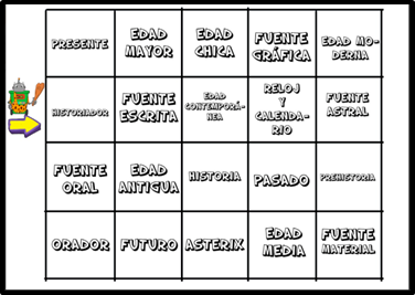 Tapete con las soluciones del reto de preguntas de la historia. Aparecen: Presente, edad mayor, edad chica, fuente gráfica, edad moderna, fuente escrita, edad contemporanea, reloj y calendario, fuente astral, fuente oral, edad antigua, historia, pasado, prehistoria, grador, futuro, Asterix, edad media y Fuente material.