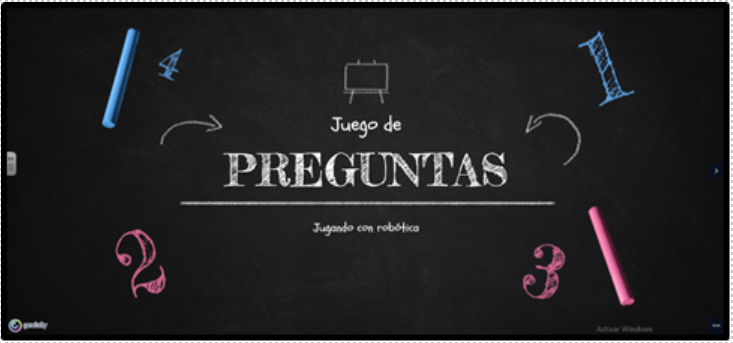 Portada del juego de preguntas. Aparece el Título: "Juego de preguntas". El subtítulo: Jugando con robótica. Varios dibujos de números y tizas de colores
