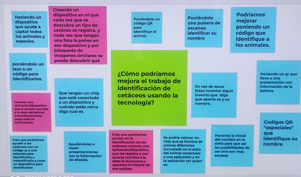 Mapa colaborativo con lluvia de ideas sobre la pregunta ¿Cómo podríamos mejorar el trabajo de identificación de cetáceos usando la tecnología?