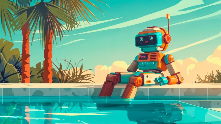 Portada de cabecera para el artículo: Resumen del año donde se ve un robot descansando en una piscina