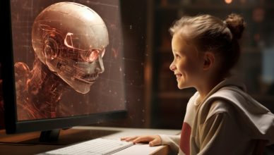 Una niña mira a su pantalla en la que aparece un robot generado por ia