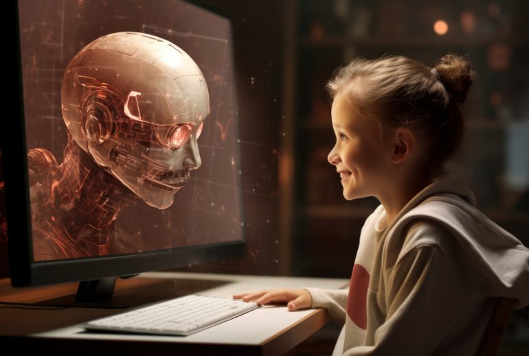 Una niña mira a su pantalla en la que aparece un robot generado por ia