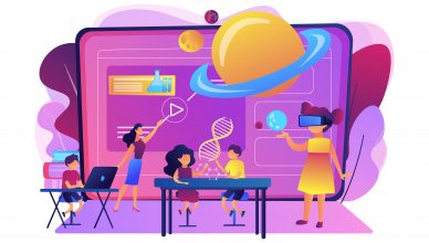 clase futurista en la que alumnado y profesorado maneja sistemas de IA