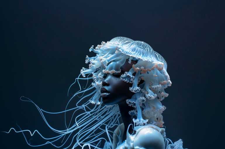 grafismo de una mujer y una medusa mezcladas por la IA generativa