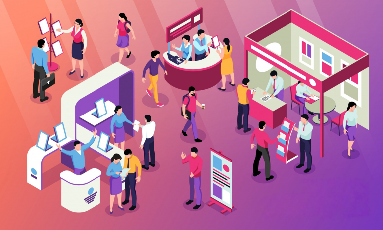Grafismo que simula una feria de educación y tecnología