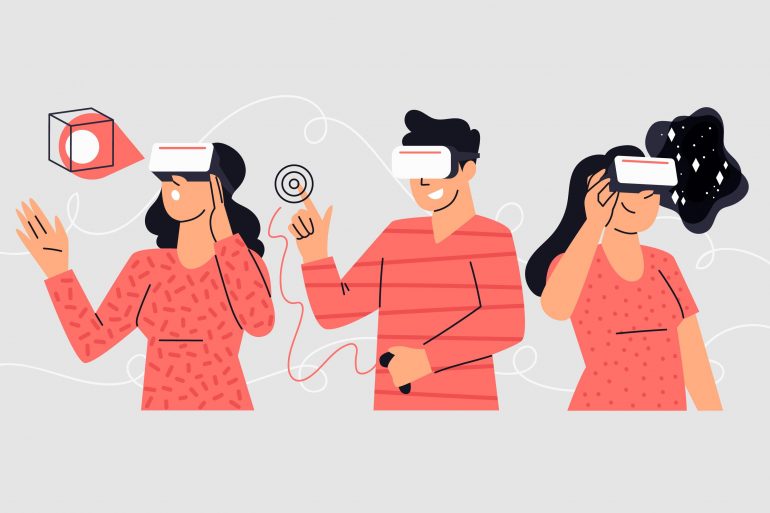 Ilustración de tres personas con gafas de realidad virtual.