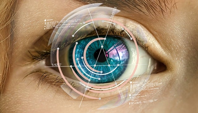 Ojo con gráficos que simulan lectura y medidas biométricas.