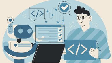 Grafismo de programación en el que se ve a un robot y un humano