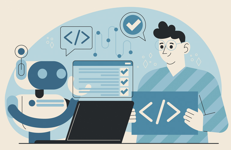 Grafismo de programación en el que se ve a un robot y un humano