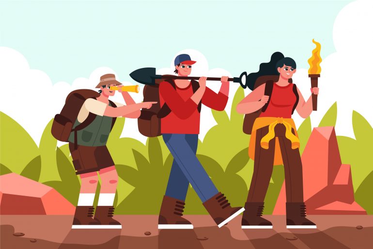 tres exploradores de excursión