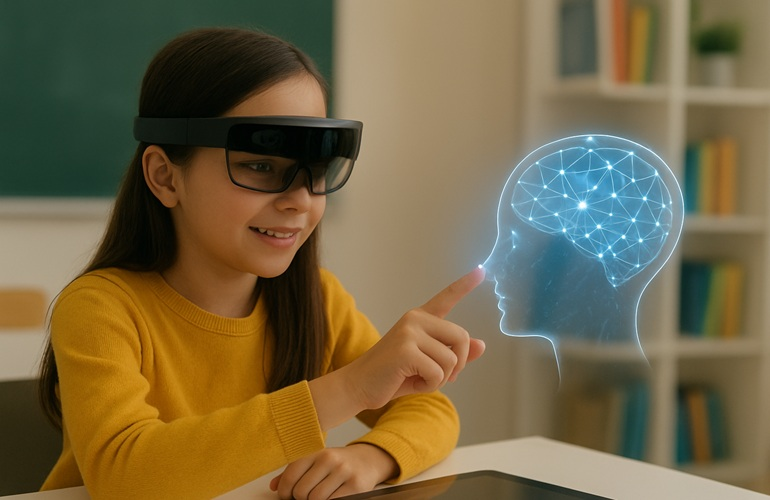 Niña aprendiendo con realidad virtual