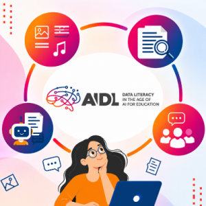 Gráfica decorativa de AIDL con una una mujer usando un portatil