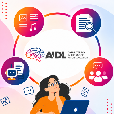 Gráfica decorativa de AIDL con una una mujer usando un portatil