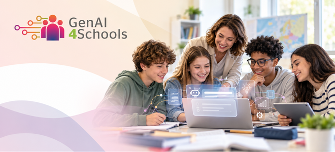 personas alrededor de un portátil con texto GenAI4Schools